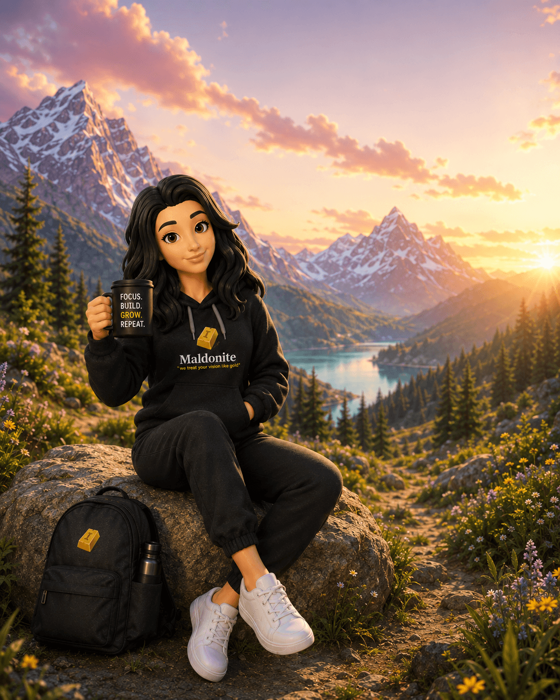 Maldo, Maldonite's mascot, sitting on a rock in a mountain landscape holding a coffee mug