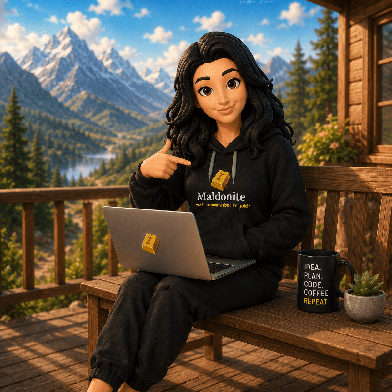Maldo working on a laptop outdoors